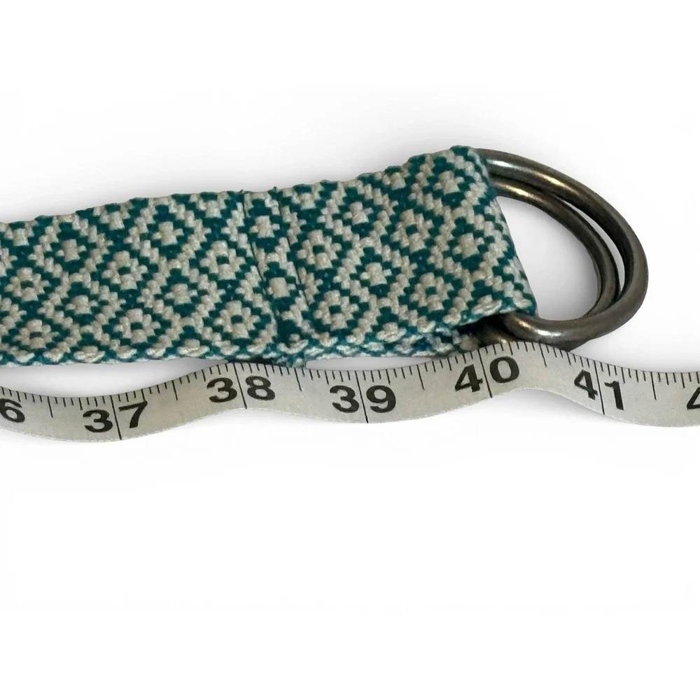 Teal Cream Woven Fabric‎ Belt Double D Ring Boho Preppy Coastal Adjustable